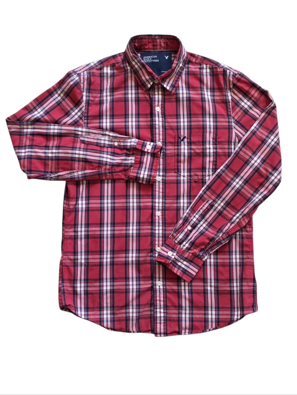 American Eagle Medium Red Blue Plaid Vintage Fit Y2K Classic Button Down Shirt